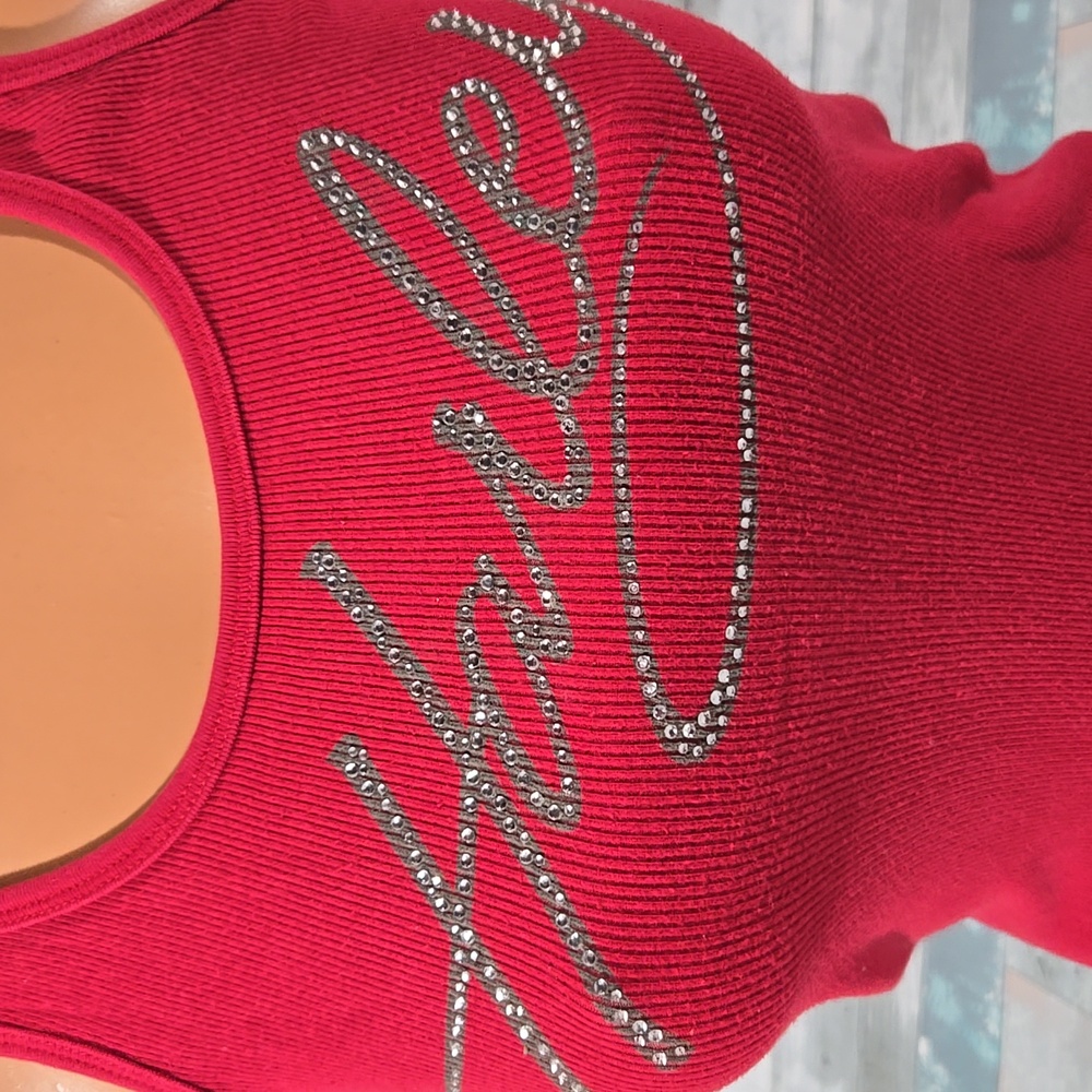Harley-Davidson Red Tank Top with Silver Rhinestone Script - Picture 2 of 6